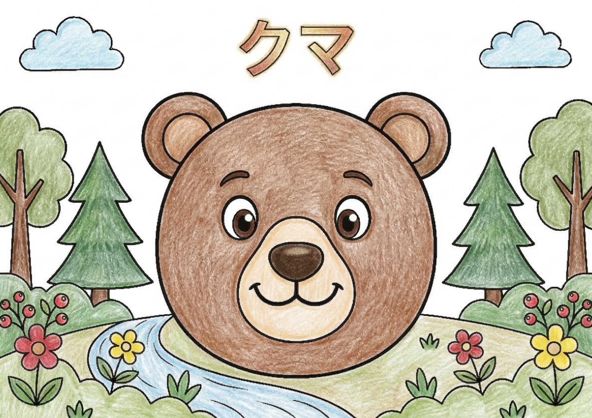 クマ（熊）の塗り絵 カラー見本 森の中のかわいいクマ