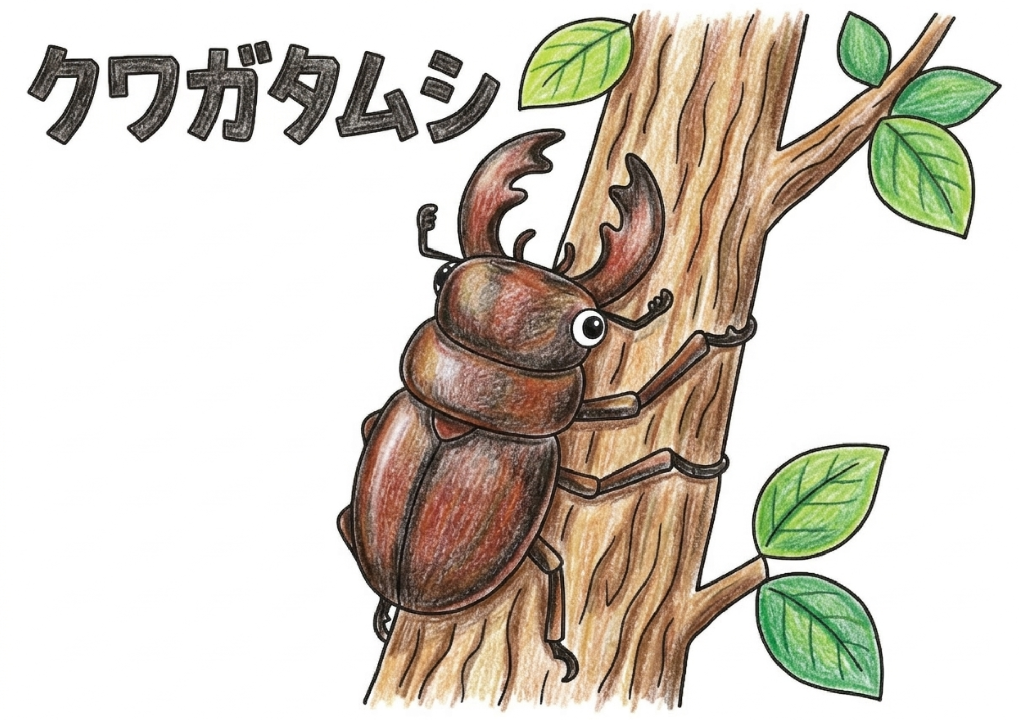 クワガタムシの塗り絵イラスト カラー見本 木にしがみつくクワガタ