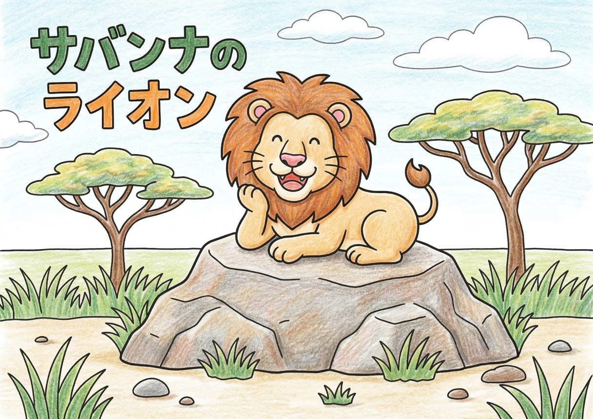 サバンナのライオンの塗り絵イラスト カラー見本 岩の上でくつろぐライオン