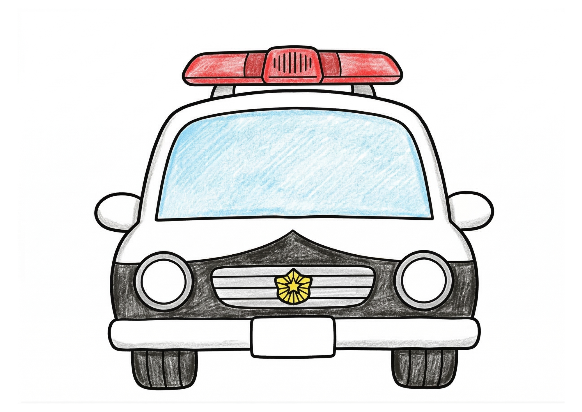 パトカーの塗り絵イラスト カラー見本 赤いサイレン 正面