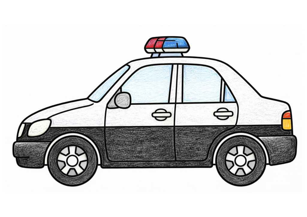 パトカーの塗り絵カラー見本、シンプルな横向き全体イラスト子供向け無料