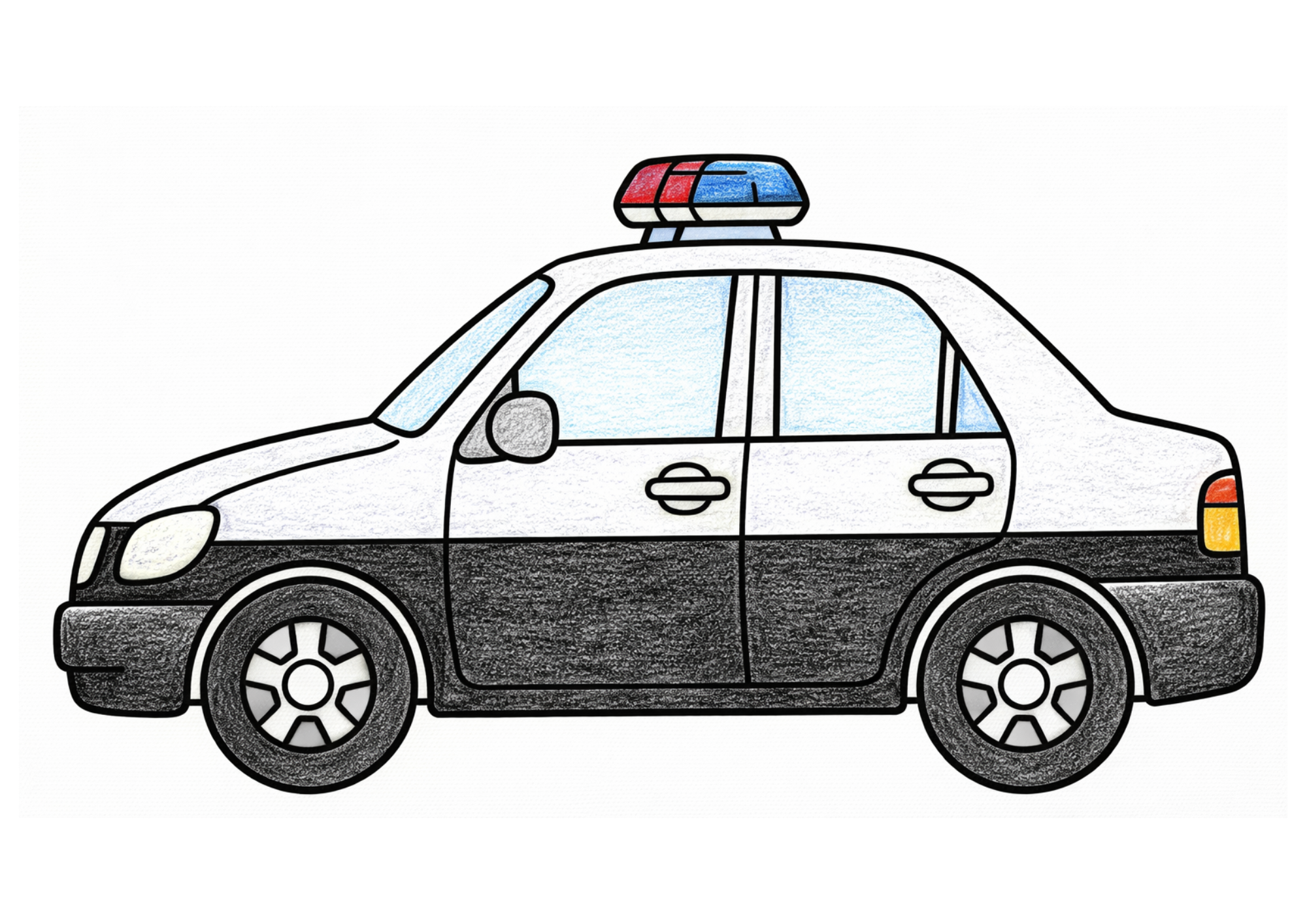 パトカーの塗り絵カラー見本、シンプルな横向き全体イラスト子供向け無料