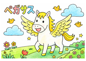 ペガサスの塗り絵カラー見本、翼の馬・かわいい全身イラスト子供向け無料