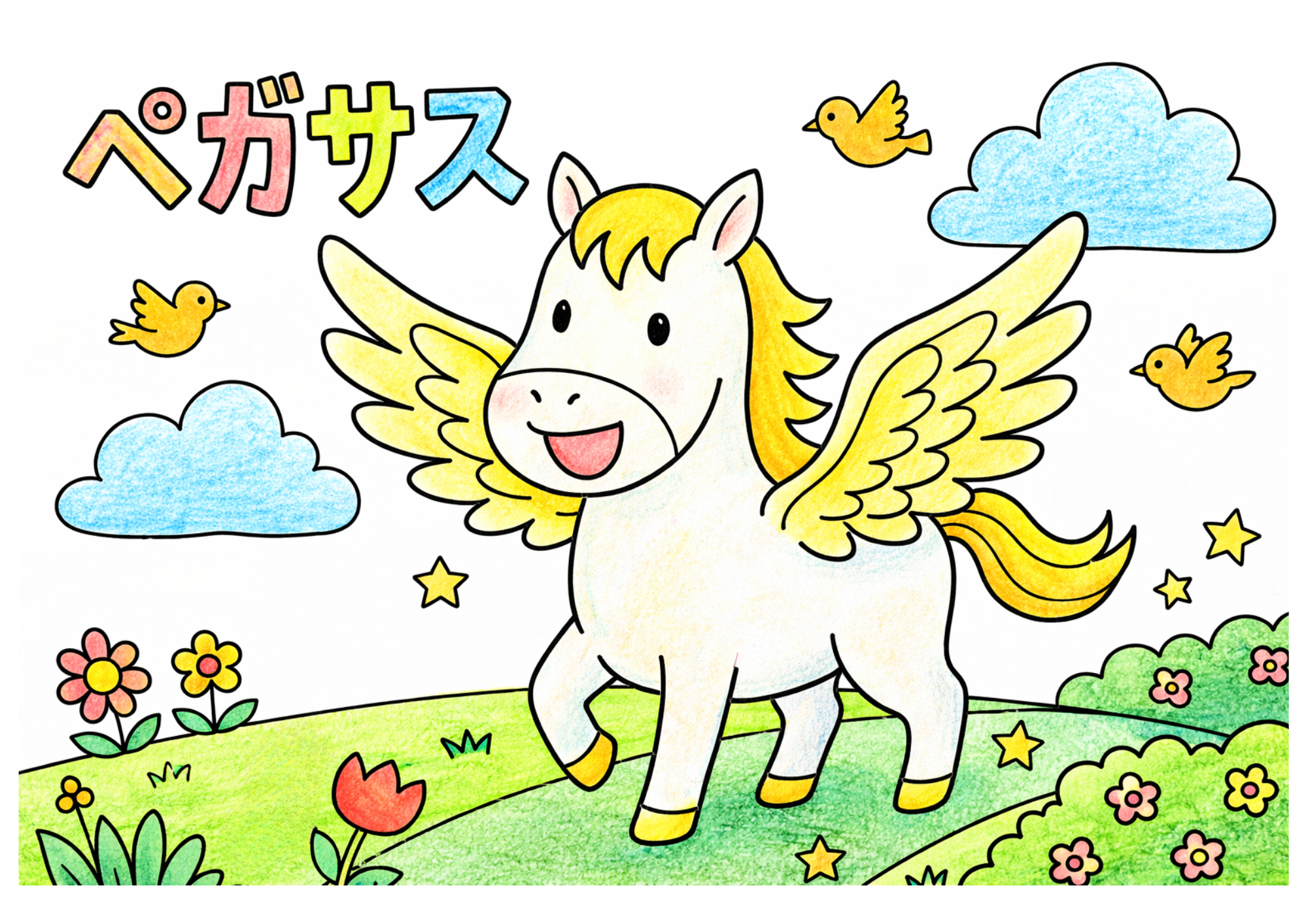 ペガサスの塗り絵カラー見本、翼の馬・かわいい全身イラスト子供向け無料