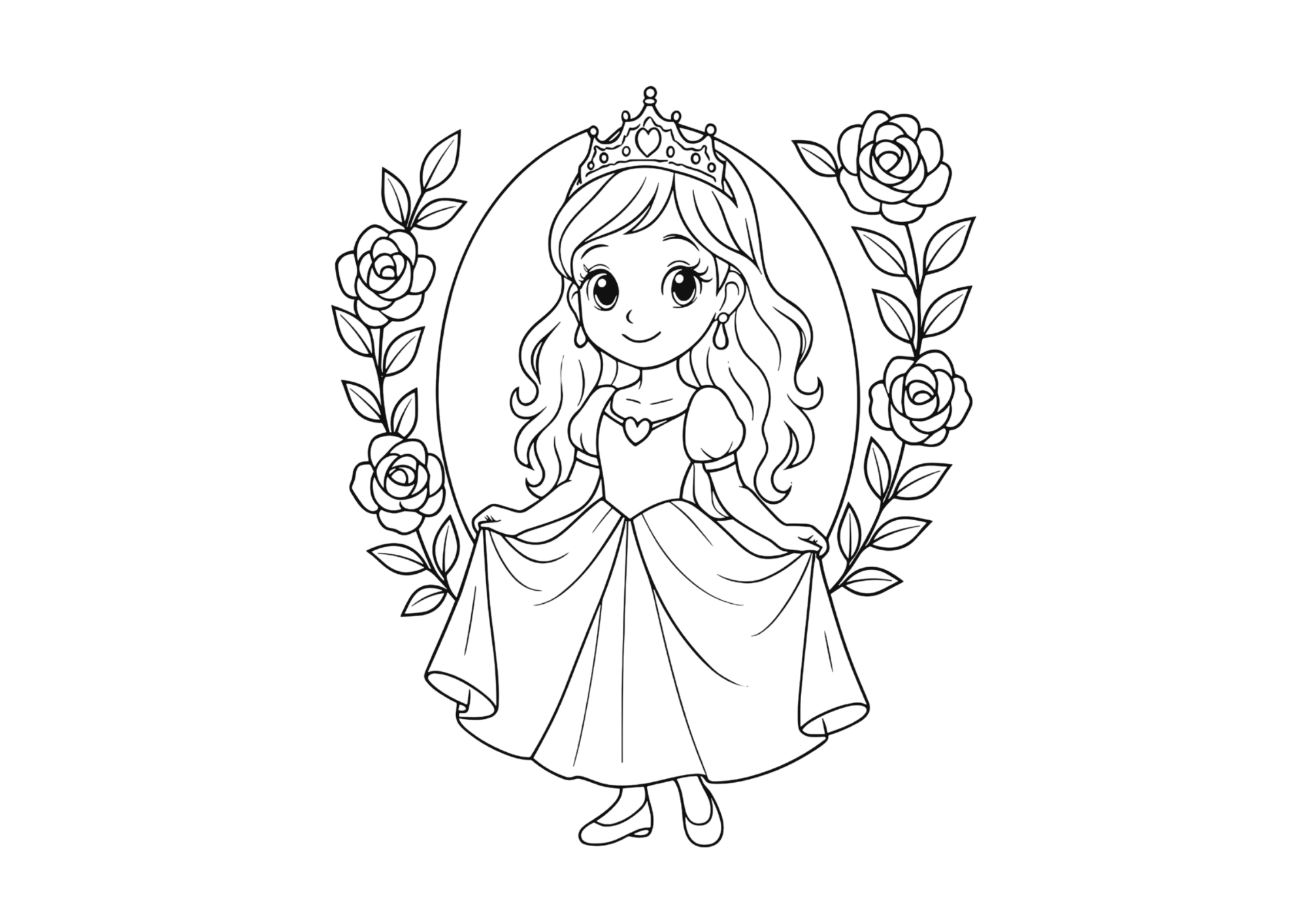 プリンセスの塗り絵 女の子向け 白黒印刷用