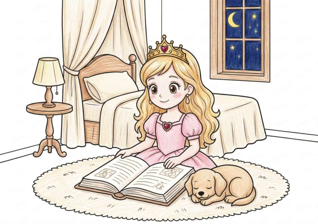王冠をかぶったプリンセスが子犬と一緒に本を読んでいるぬりえイラスト カラー見本