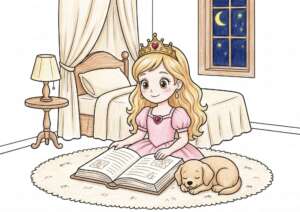 王冠をかぶったプリンセスが子犬と一緒に本を読んでいるぬりえイラスト カラー見本