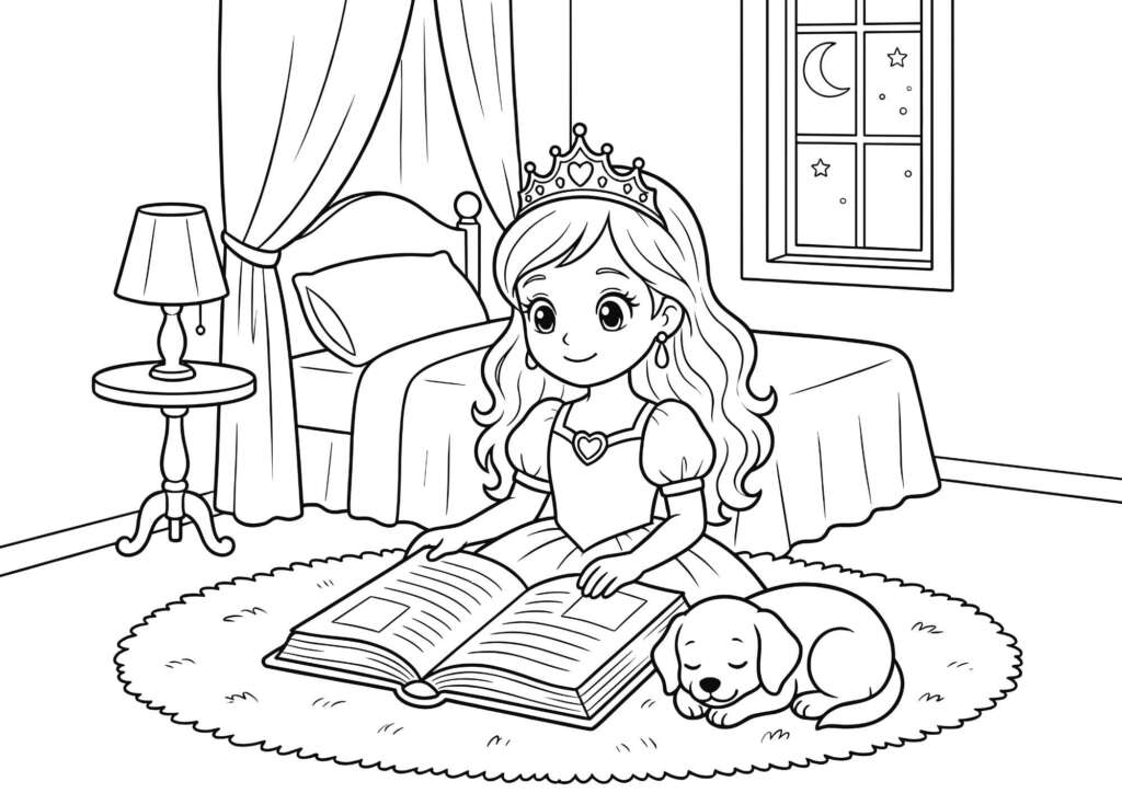 プリンセスと眠る子犬のぬりえイラスト 白黒 無料ダウンロード 印刷用