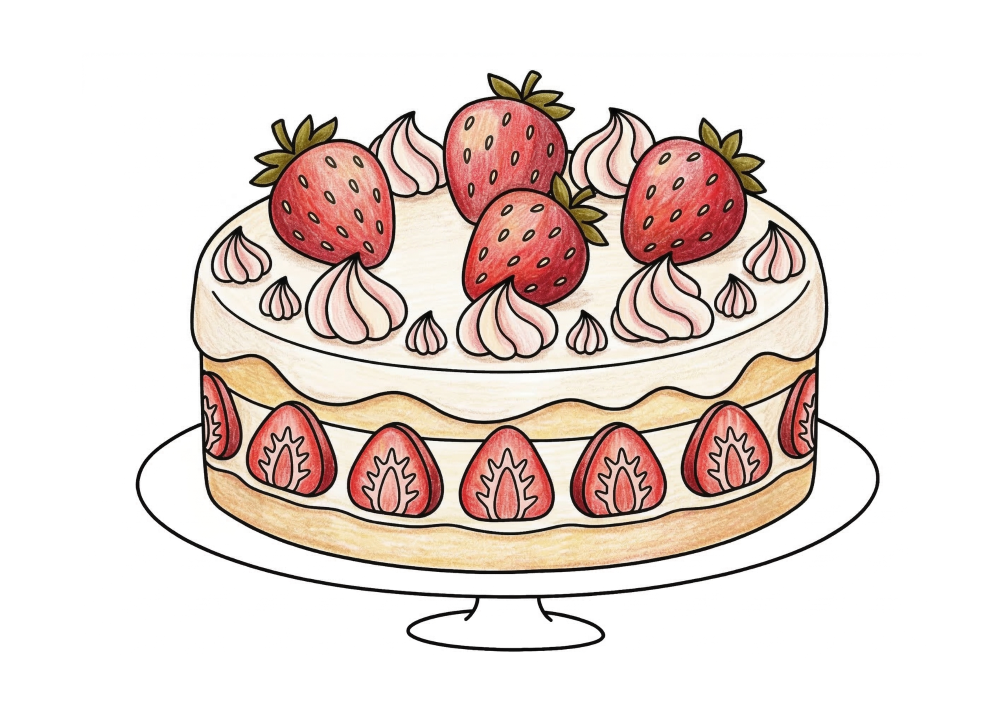 いちごのショートケーキの塗り絵イラスト カラー見本 ホイップクリーム いちご