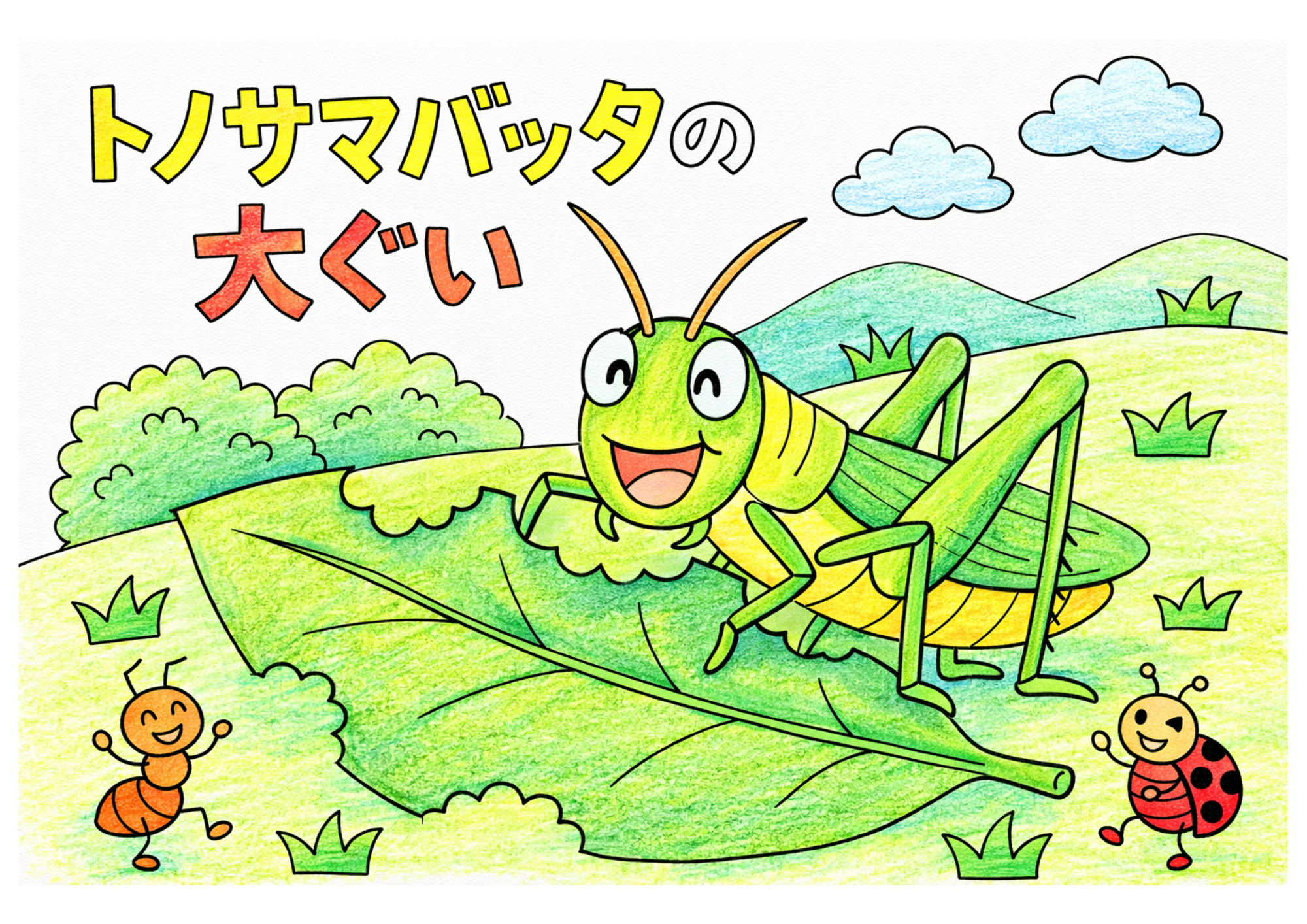 トノサマバッタの塗り絵カラー見本、葉の上のバッタとアリてんとう虫の子供向け無料イラスト