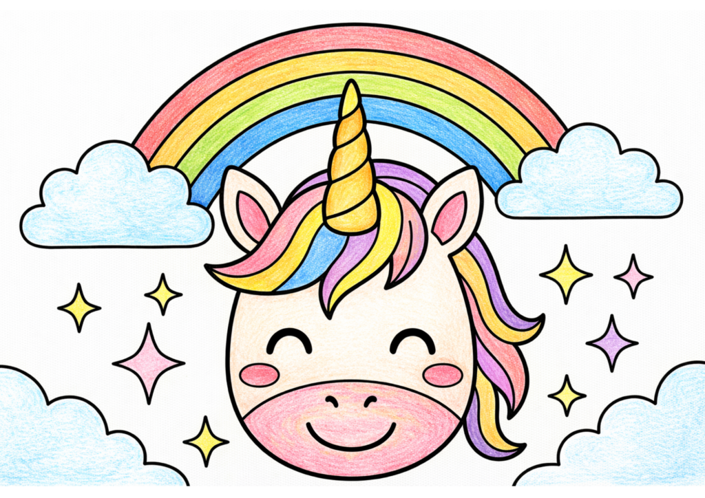 ユニコーンの塗り絵カラー見本、虹・星を背景にした幻想的な子供向け無料イラスト