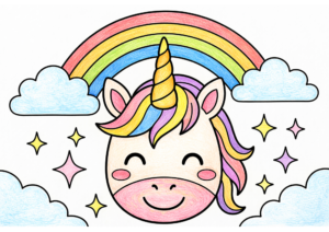 ユニコーンの塗り絵カラー見本、虹・星を背景にした幻想的な子供向け無料イラスト