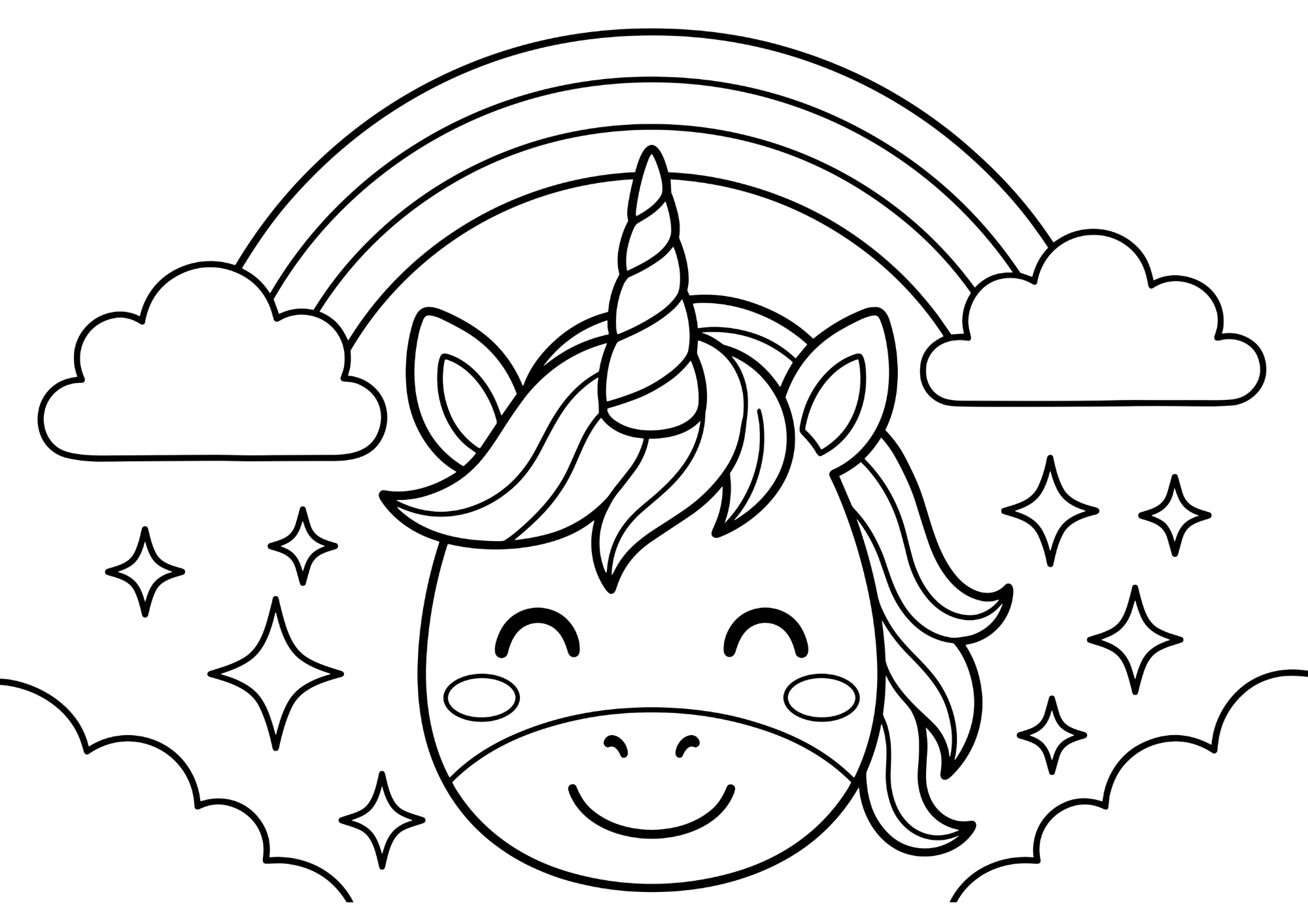 ユニコーン(虹)の塗り絵白黒、子供向け無料印刷