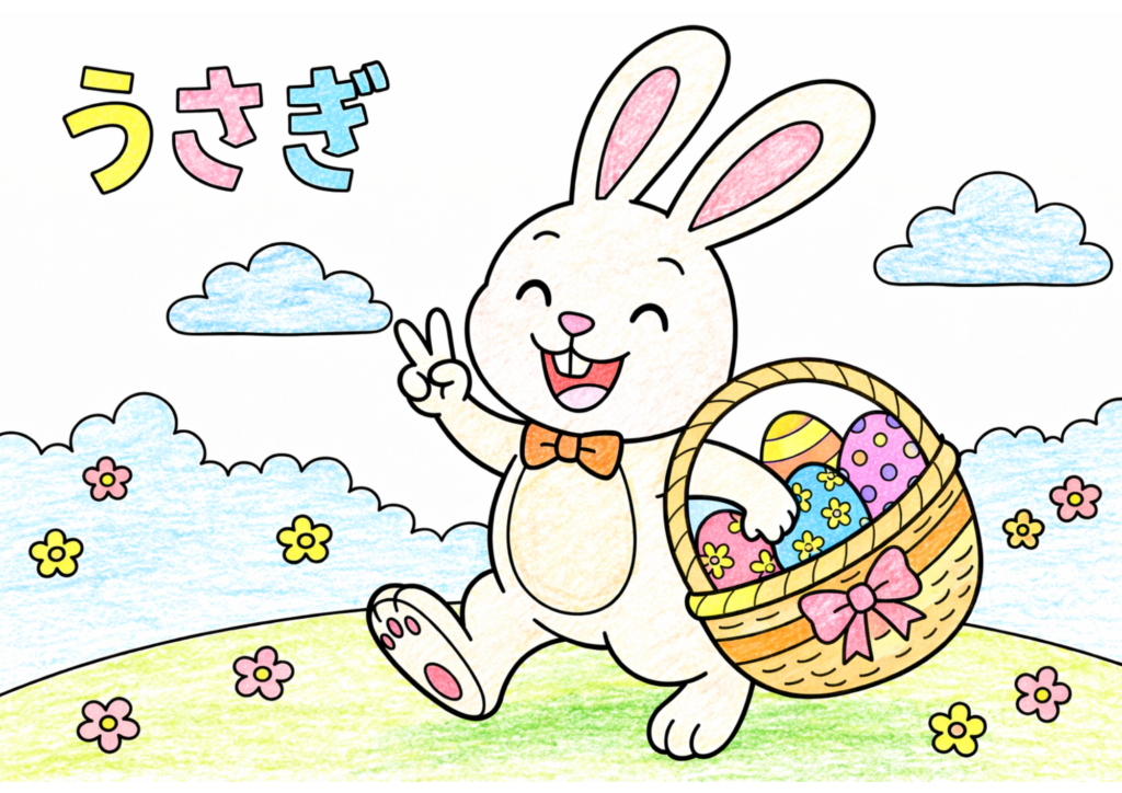バスケットを持つうさぎの塗り絵カラー見本、ピースサインをした全身イラスト子供向け無料