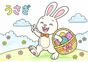 バスケットを持つうさぎの塗り絵カラー見本、ピースサインをした全身イラスト子供向け無料