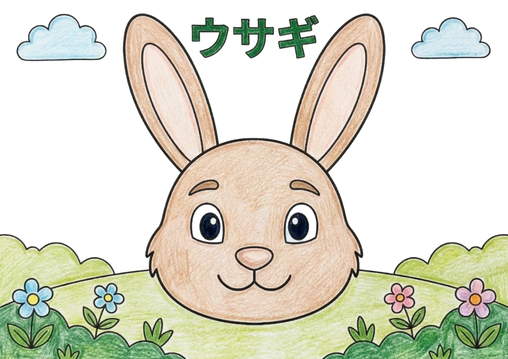 ウサギの塗り絵 カラー見本 大きな耳がかわいいうさぎ お花畑