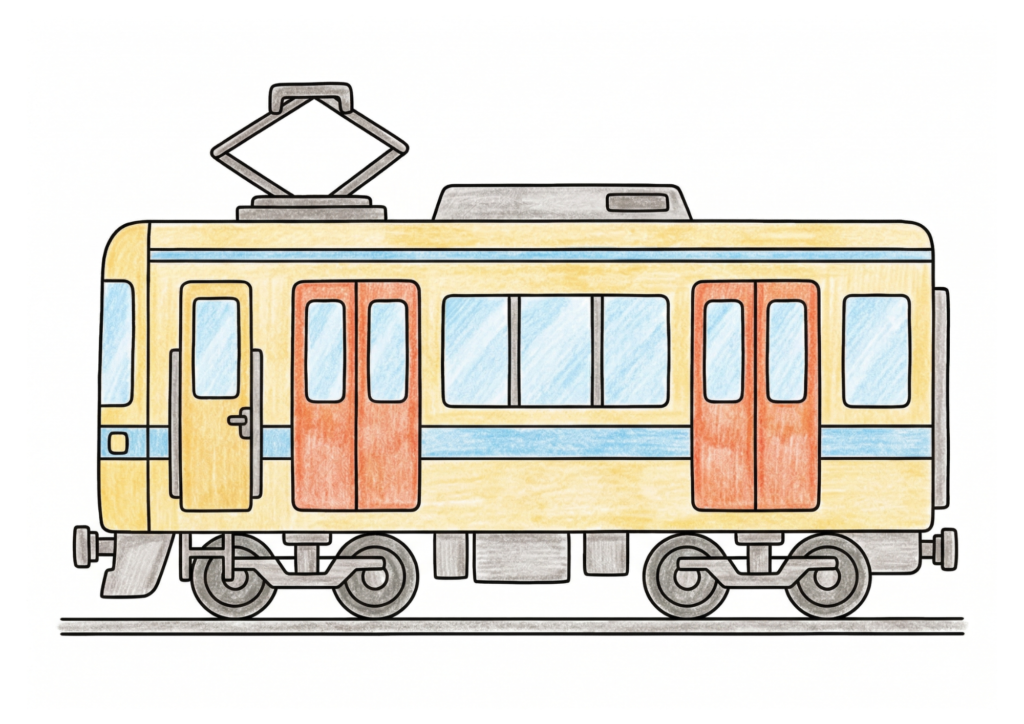 でんしゃの塗り絵カラー見本、子供向け無料イラスト