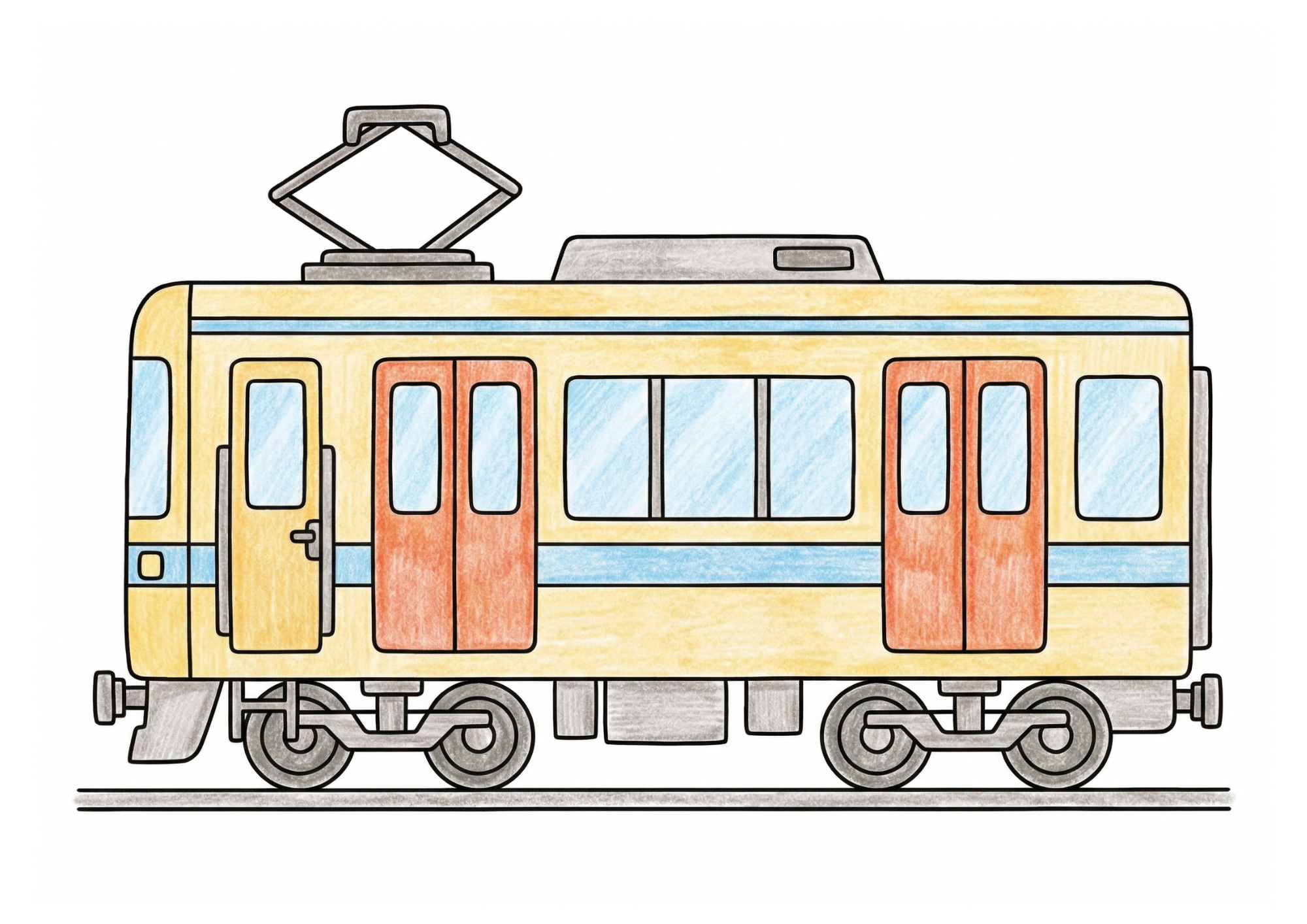 でんしゃの塗り絵カラー見本、子供向け無料イラスト