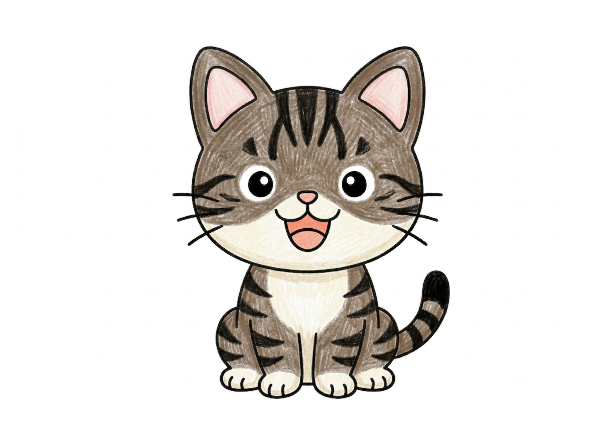 キジトラ猫の塗り絵カラー見本、子供向け無料イラスト