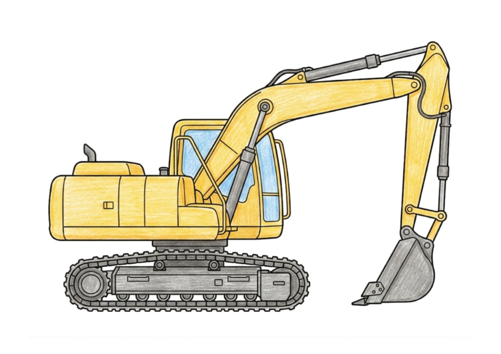 ショベルカーの塗り絵カラー見本、子供向け無料イラスト