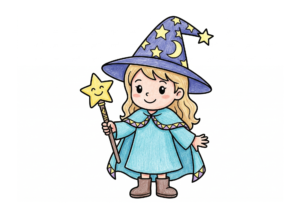 まじょ（魔女）の塗り絵カラー見本、子供向け無料イラスト