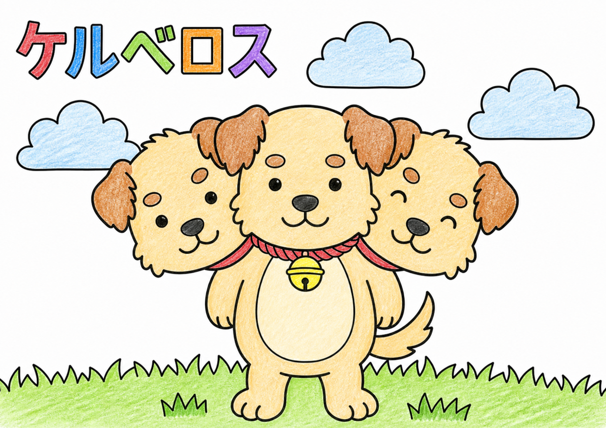 ケルベロスの塗り絵カラー見本、子供向け無料イラスト