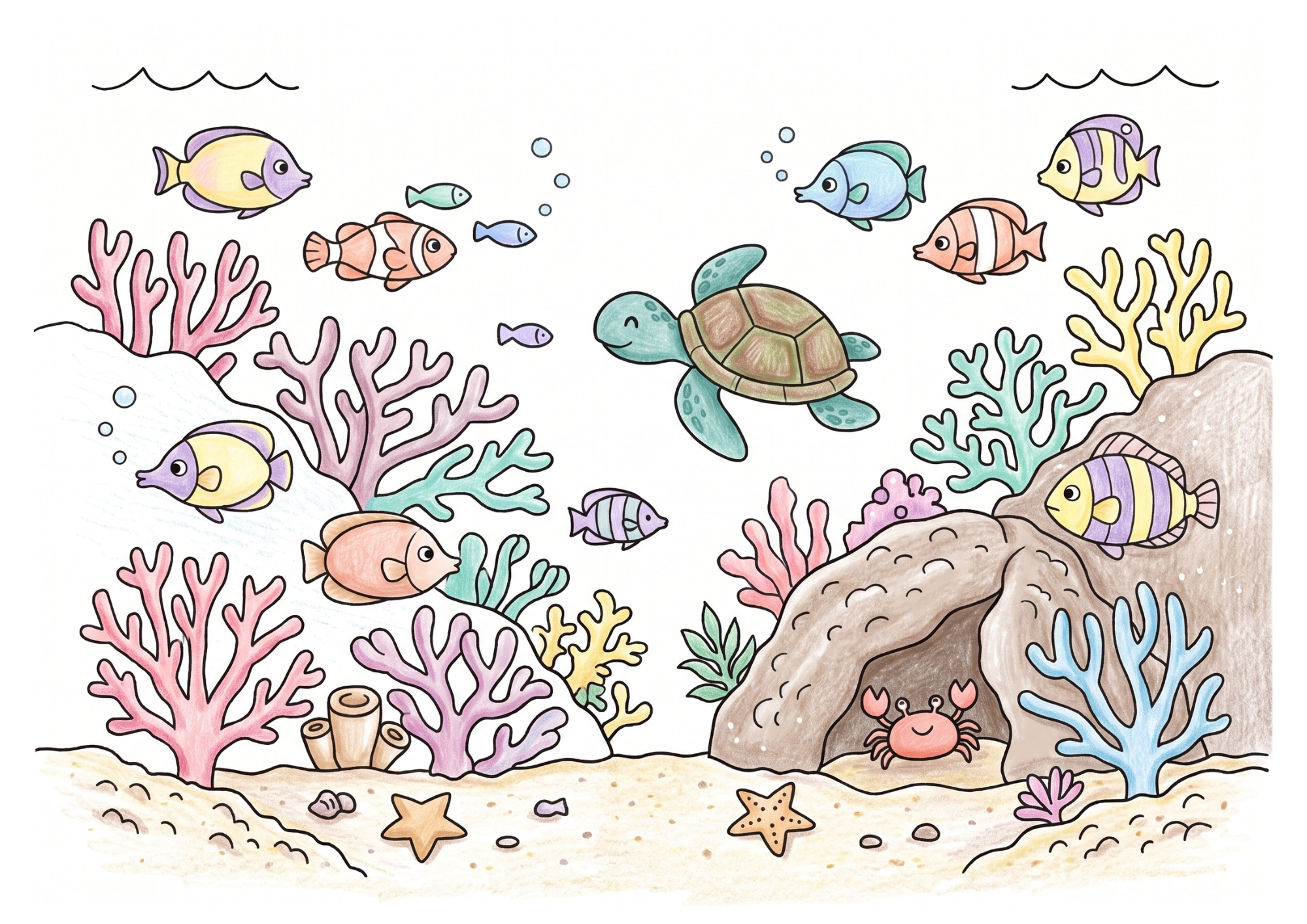サンゴ礁の断面の塗り絵カラー見本、子供向け無料イラスト