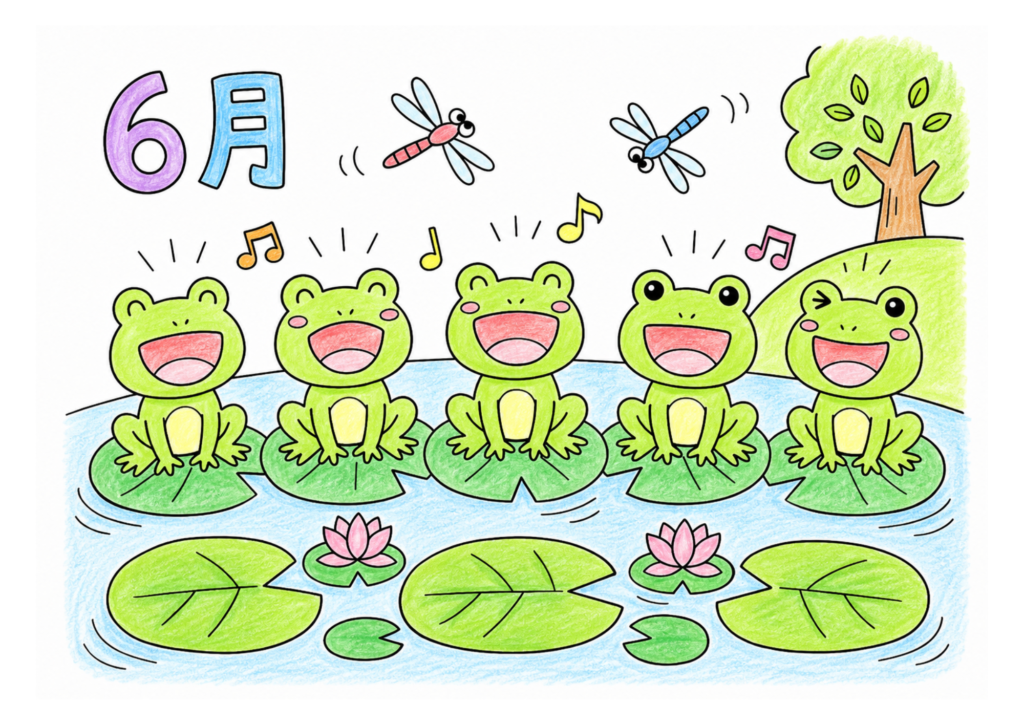 カエルの合唱団の塗り絵（梅雨）カラー見本
