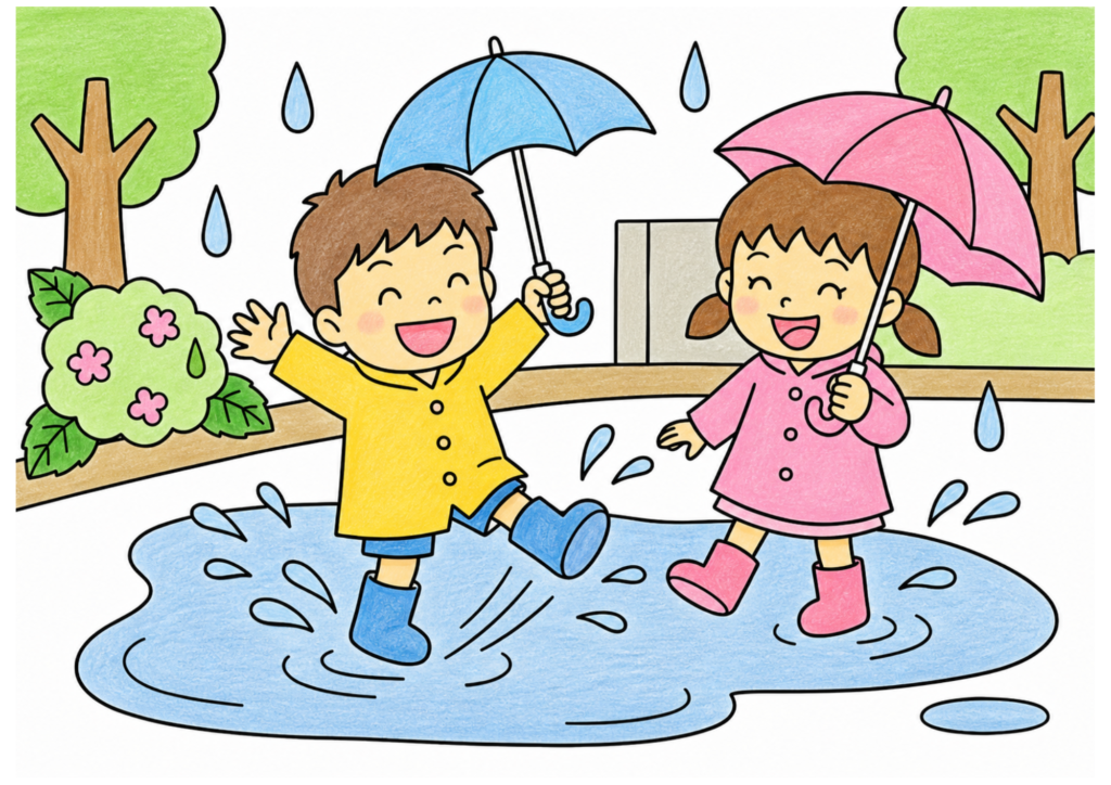 水たまりで水遊びの塗り絵 カラー見本