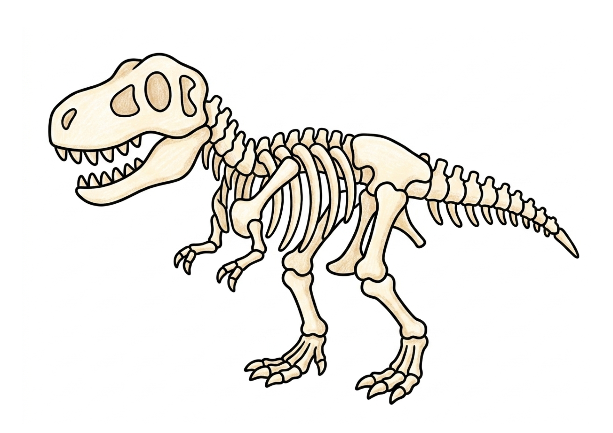ティラノサウルスの骨格の塗り絵カラー見本、子供向け無料イラスト