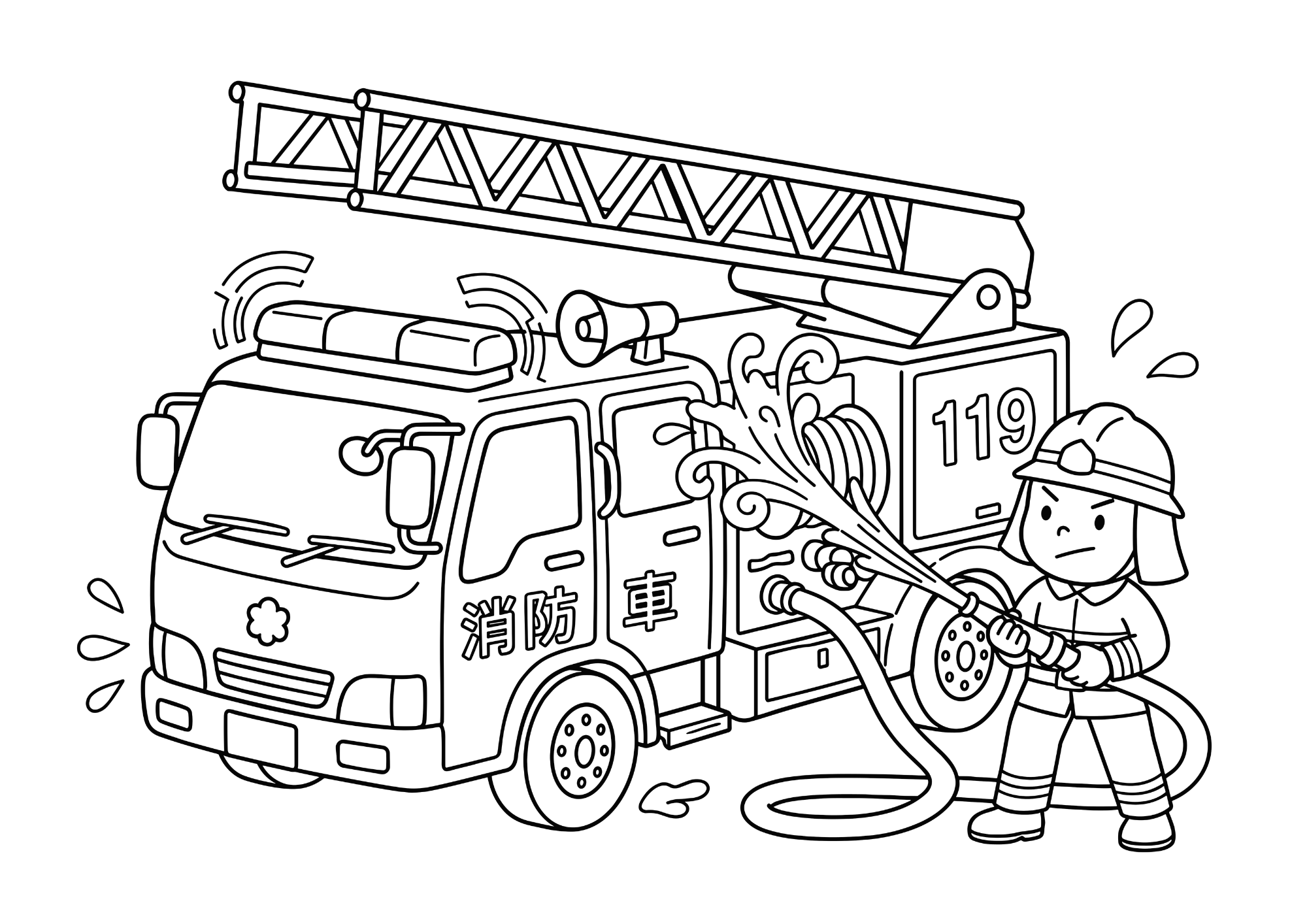 消防車と消防士の塗り絵 白黒