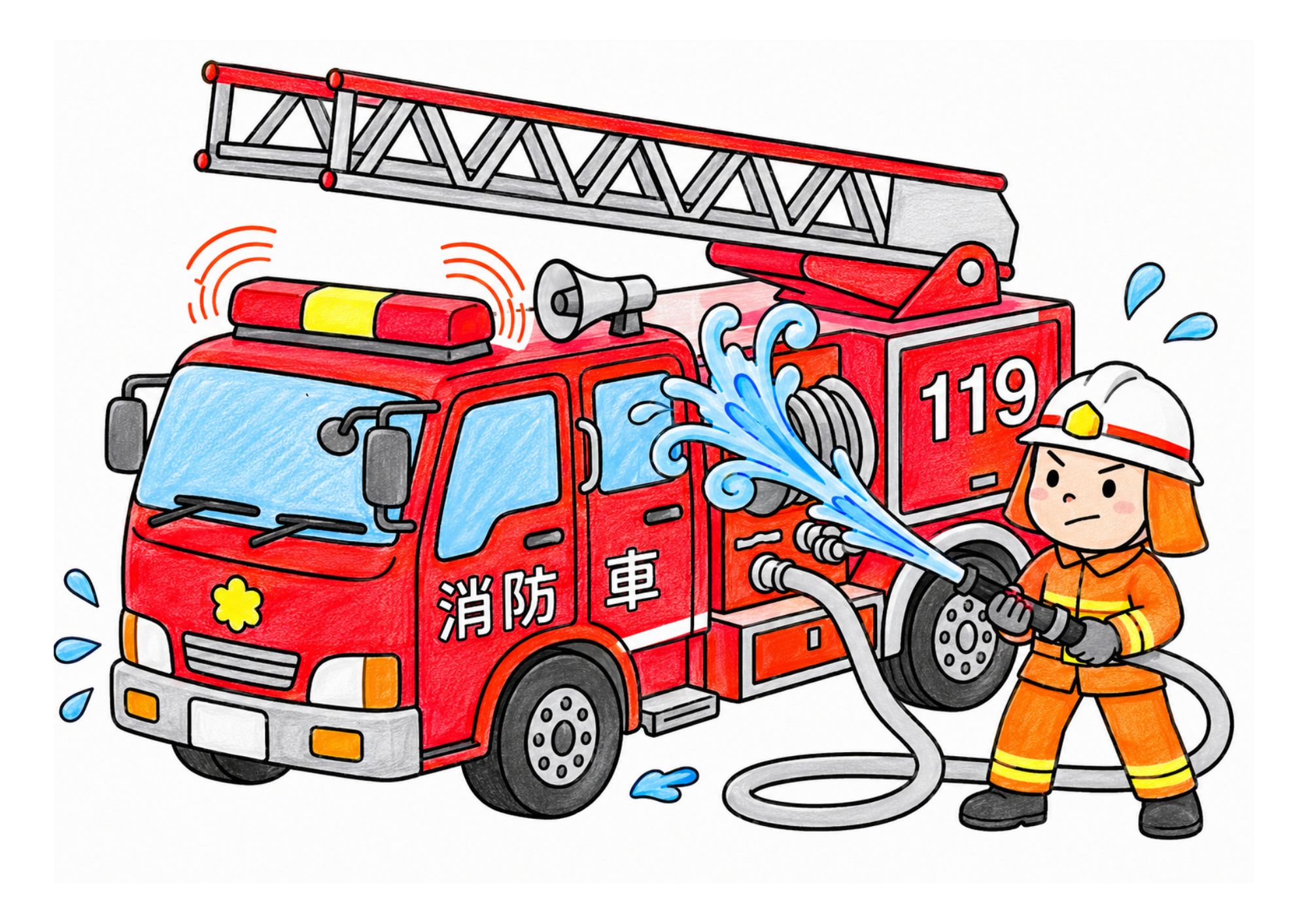消防車と消防士の塗り絵 カラー見本