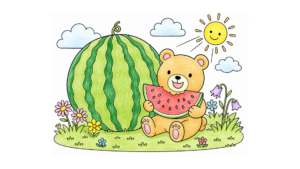 スイカを食べるクマの塗り絵 アイキャッチ