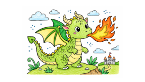 火吹き練習するミニドラゴンの塗り絵 アイキャッチ