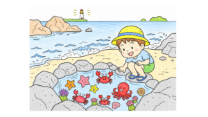 海の水遊びと生き物の塗り絵 アイキャッチ