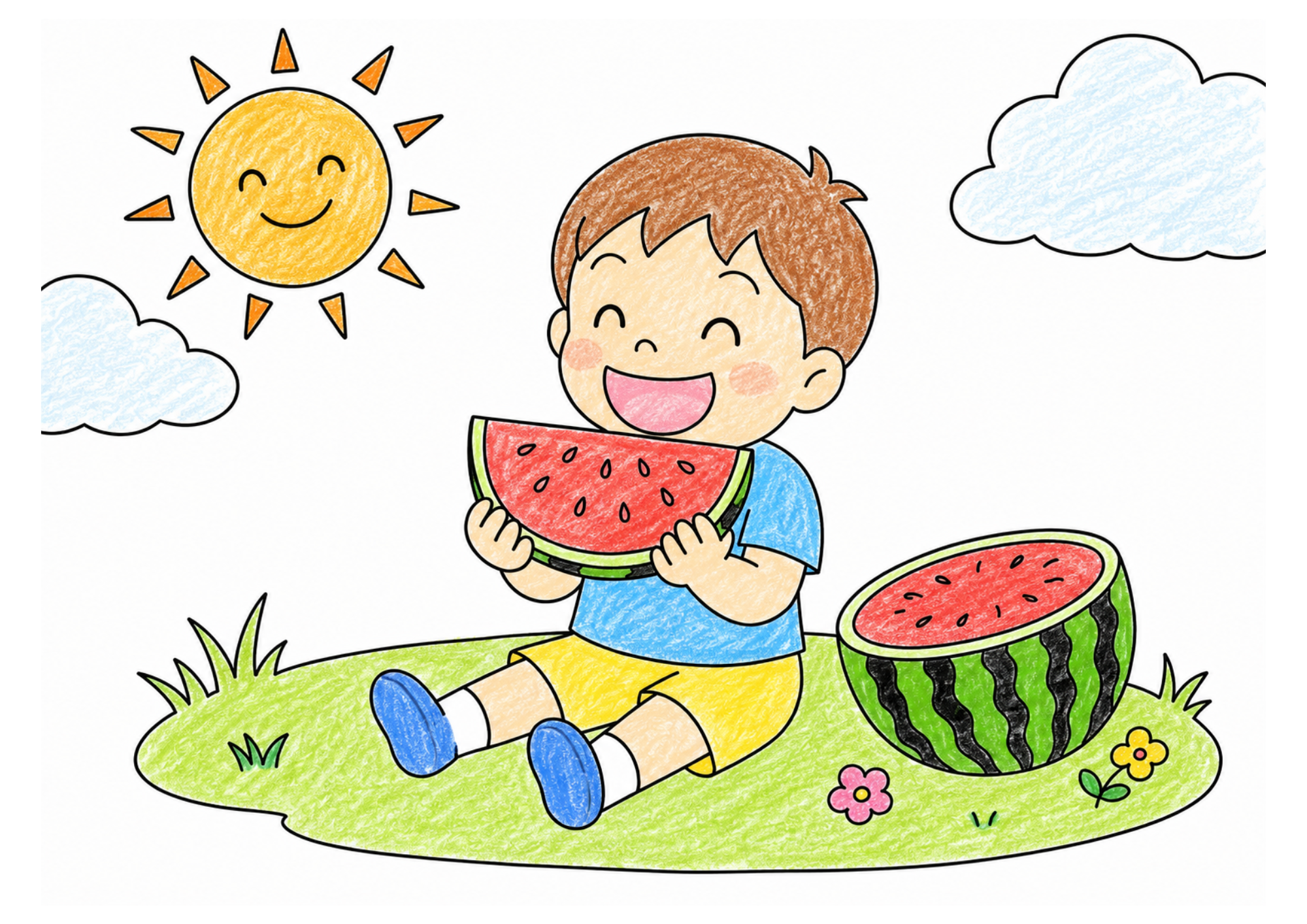 スイカを食べる少年の塗り絵 カラー見本